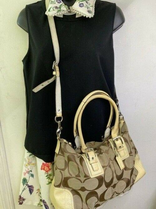 coach bag cream black fabric tote