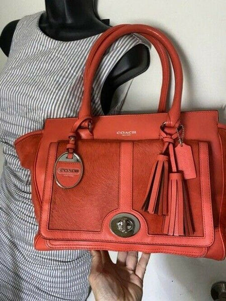Coach w w pony hair contrast handbag coral leather tote