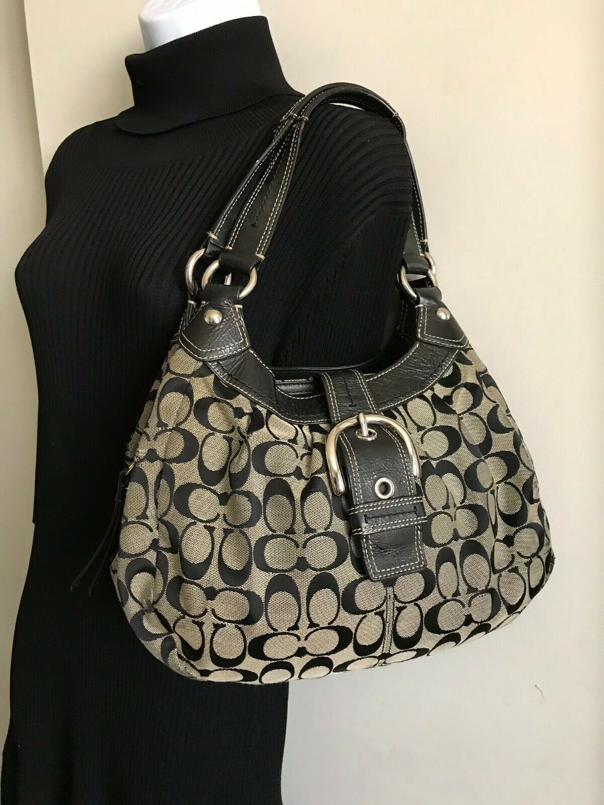 Coach Black Fabric Signature hand bag