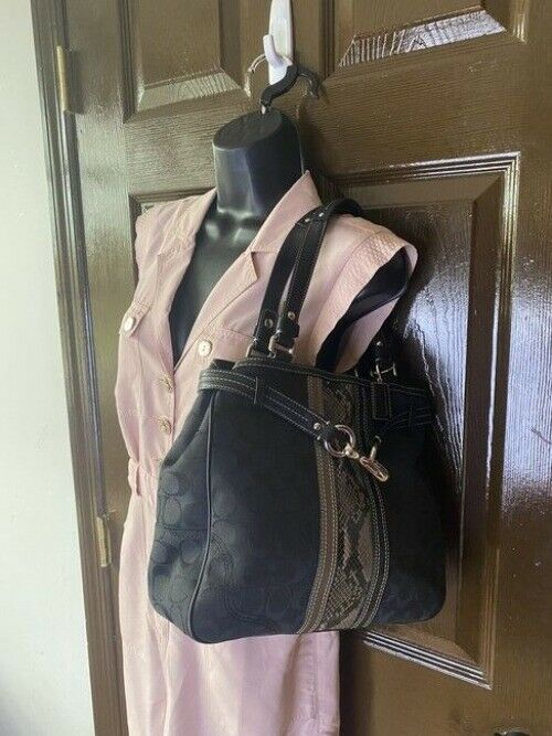Coach Signature Stripe Python Black Fabric Shoulder Bag