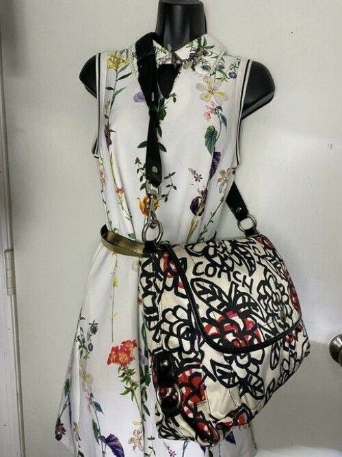 coach tote black white red fabric messenger bag
