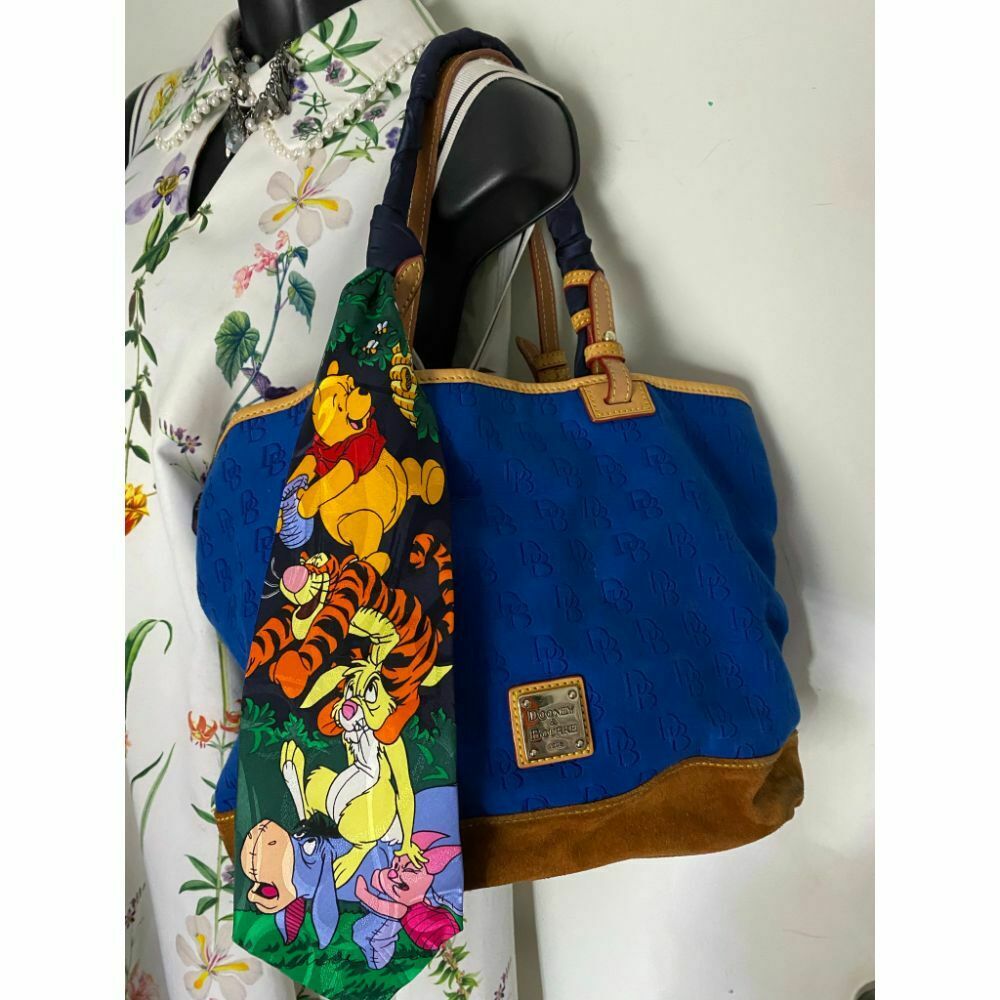 Dooney & BOURKE Blue Brown Large Fabric Tote Bag w/ Detachable Tie Sash