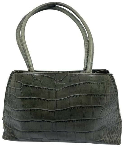 Furla Croco Embossed Bowler Green Leather Shoulder Bag