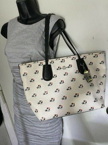 Coach shopping xl floral great condition msrp white black leather tote