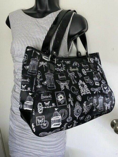 Harrods Shoulder Bag Black White Nylon Fabric Tote