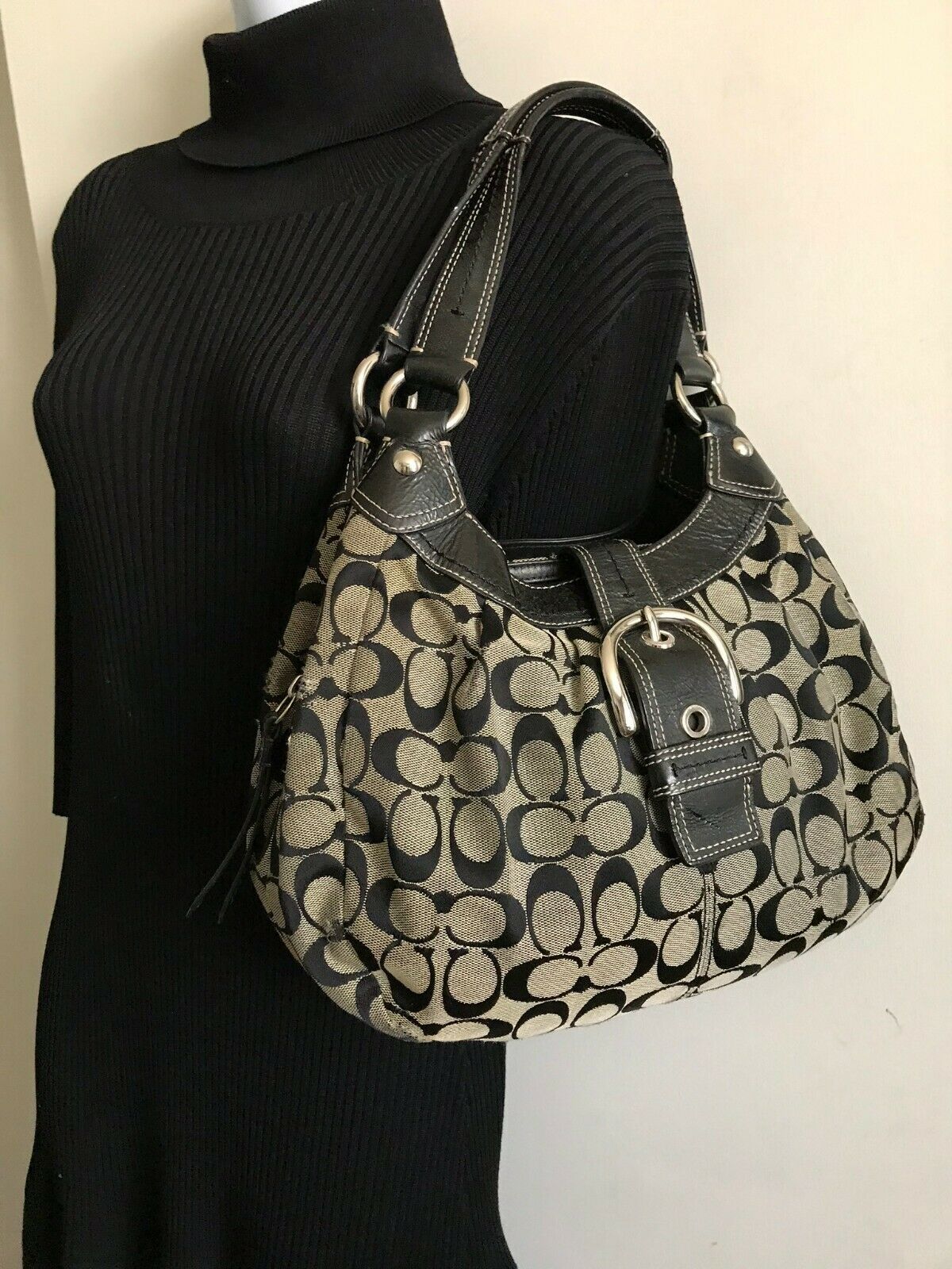 Coach Black Fabric Signature hand bag