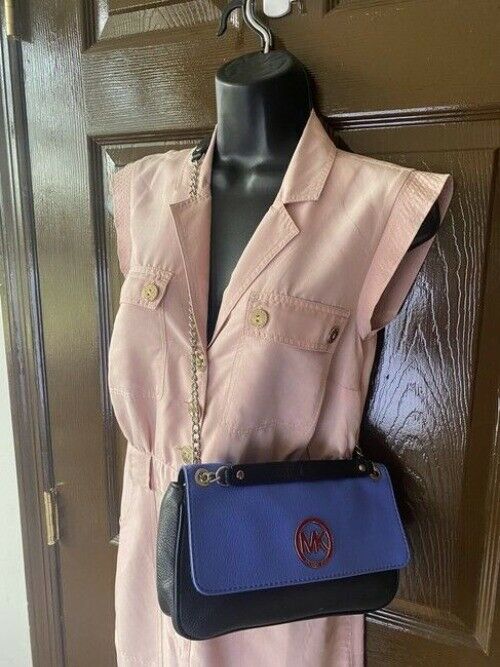 Michael Kors Flap Fulton Chain Shoulder Purse Blueblack Leather Cross Body Bag