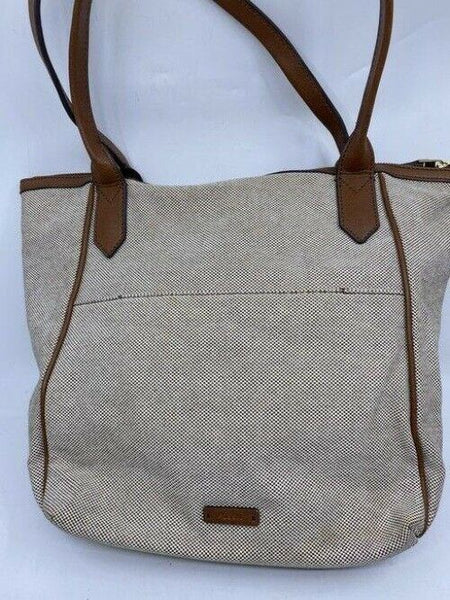 Fossil Tote Brown White Nylon Fabric Shoulder Bag