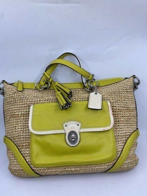 coach xl w w leather trim tan green woven straw tote