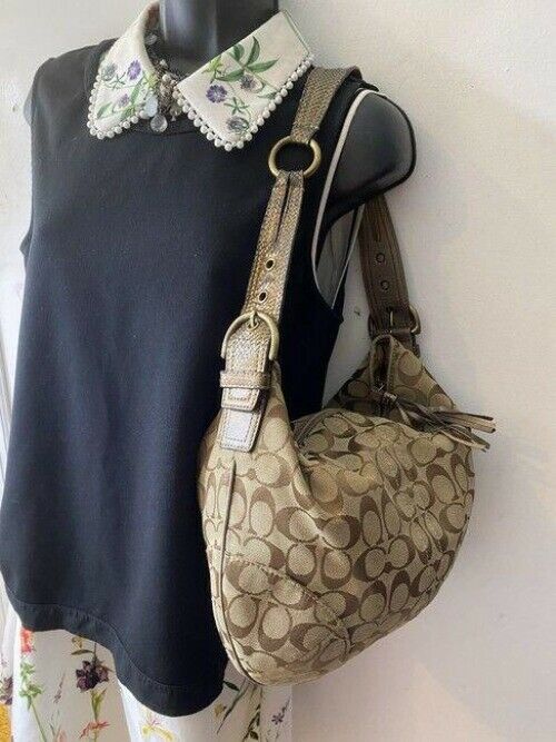 coach mini bag brown beige fabric tote