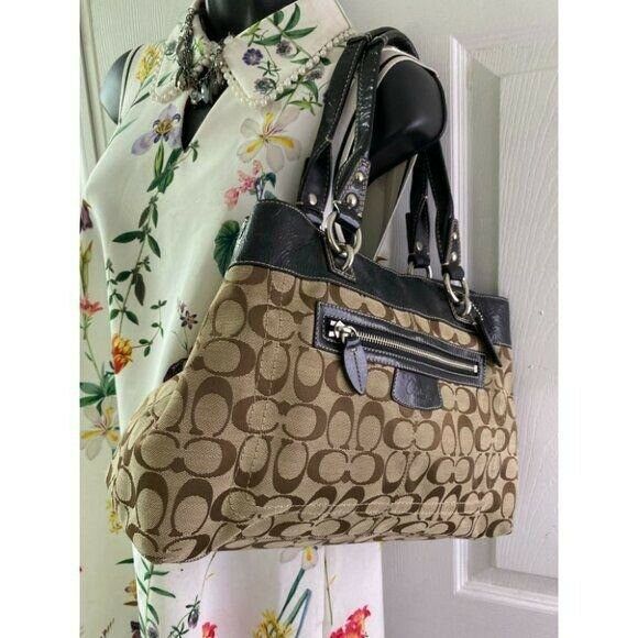 COACH Large Tan Black Jacquard Fabric Tote Bag