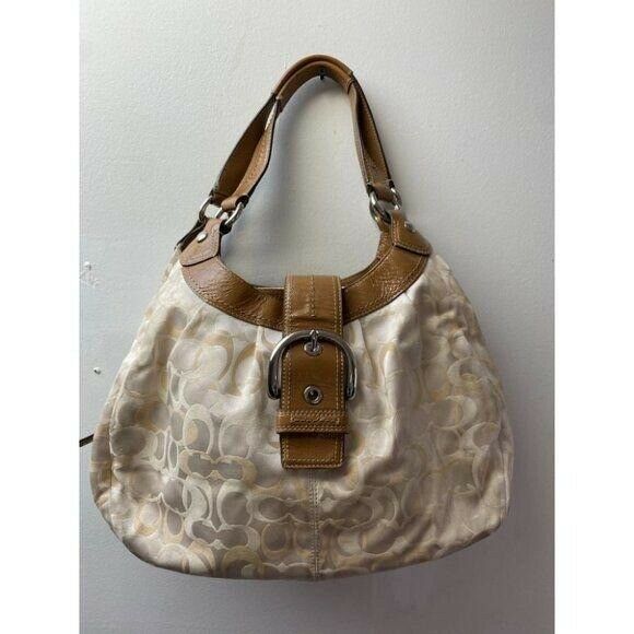 COACH Large White Tan Jacquard Fabric Tote Bag