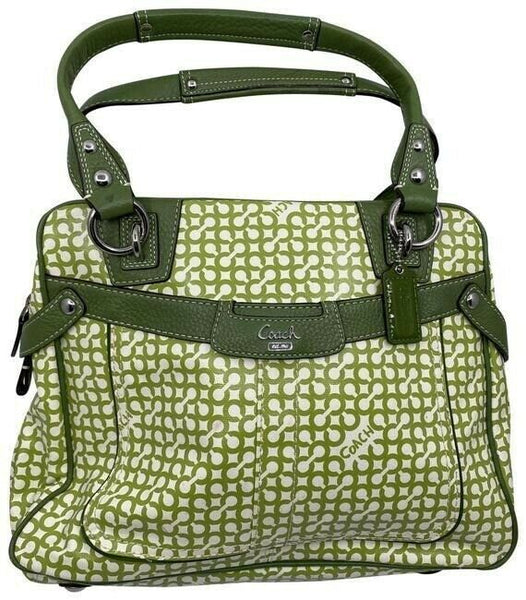 coach medium handbag green white coated canvas tote