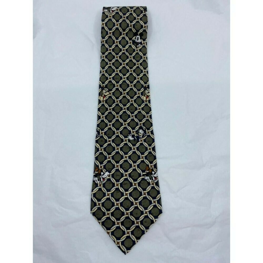 MICKEY MOUSE Disney Neck Tie Black Green Cream Hand Made 100% Silk