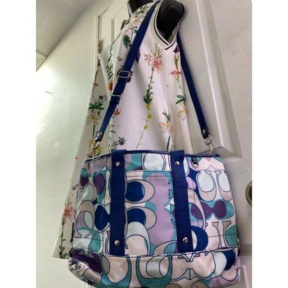 COACH Large Blue White Purple Jacquard Fabric Tote Bag