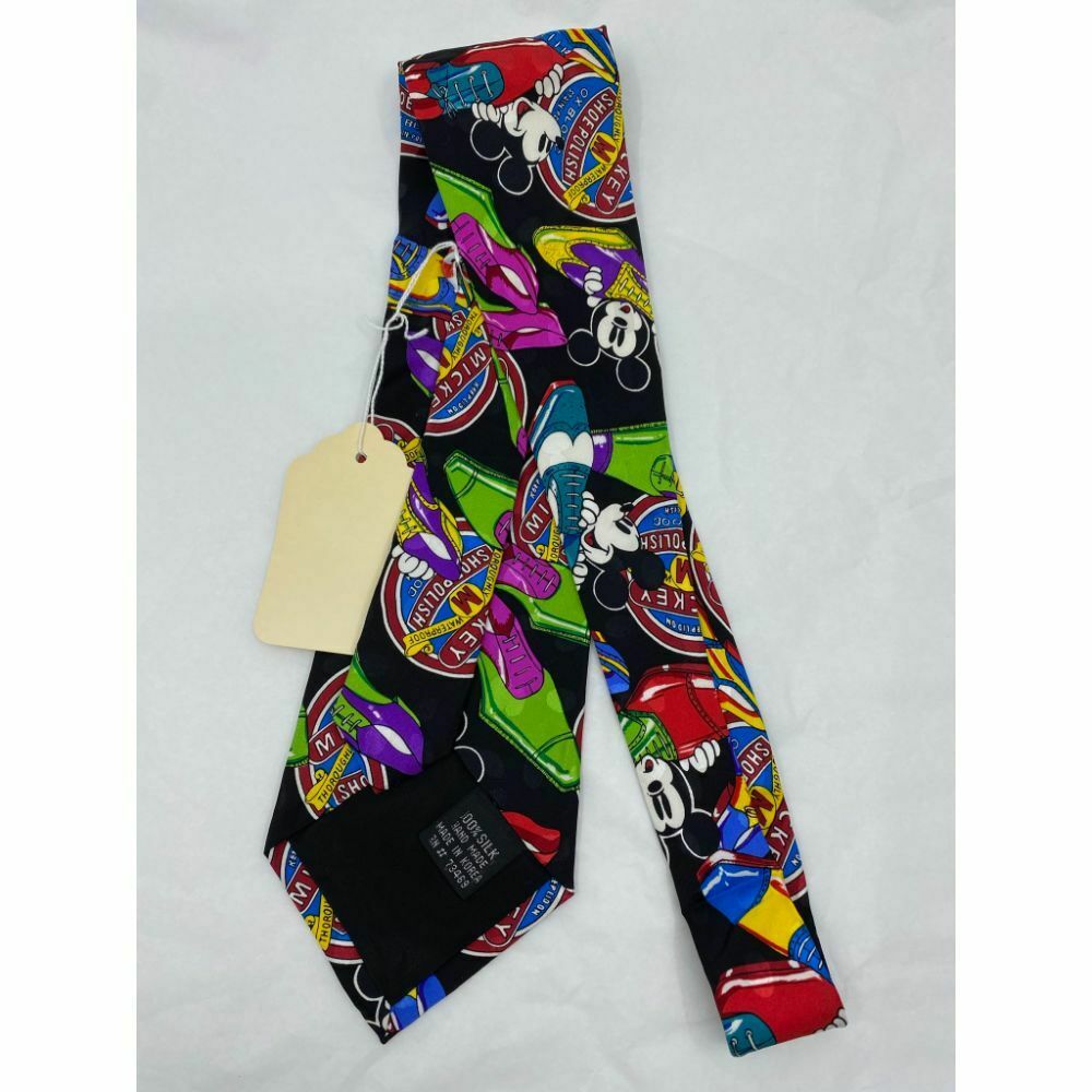 New! MICKEY MOUSE Disney Neck Tie Black Multicolor 100% Silk Handmade
