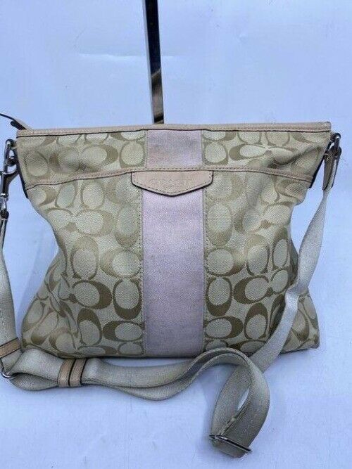 coach medium size beige tan jacquard fabric cross body bag