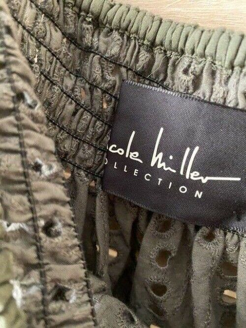 Nicole Miller olive off the shoulder eyelet msrp small long casual maxi dress