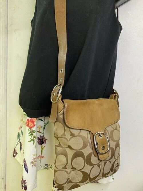 coach beige brown jacquard fabric cross body bag