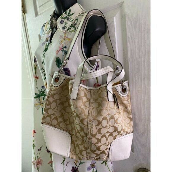 NWT Coach Tan White Fabric Tote Bag MSRP $328