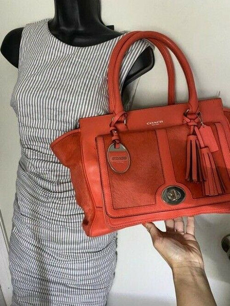 Coach w w pony hair contrast handbag coral leather tote