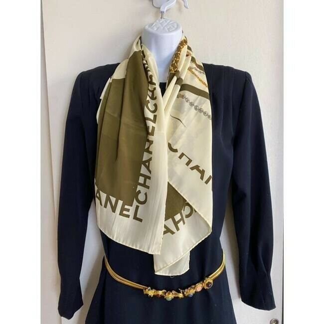 CHANEL Vintage Silk Ivory Scarf W/ iconic Chanel Lady design