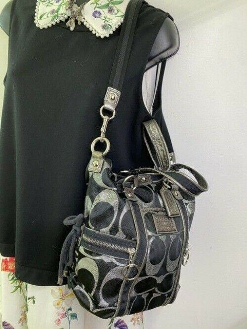 coach bag silver black fabric tote