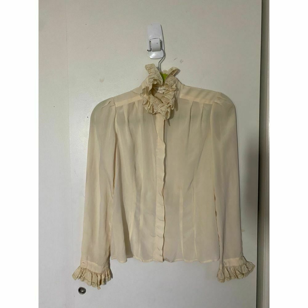 Oscar de la Renta Silk Long Sleeves Top Cream Size 6