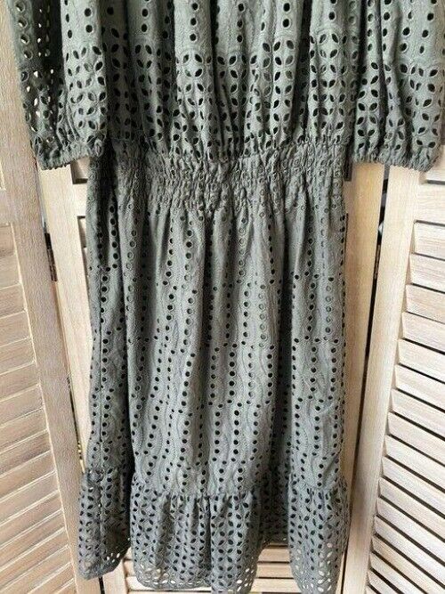Nicole Miller olive off the shoulder eyelet msrp small long casual maxi dress