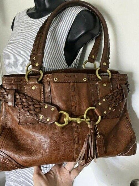 coach w medium w braided design whiskey brown leather shoulder bag