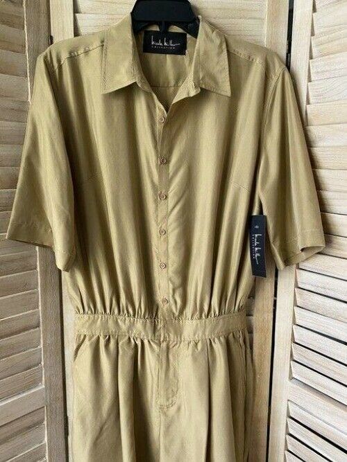 Nicole Miller tan new silk collar size small MSRP romper jumpsuit