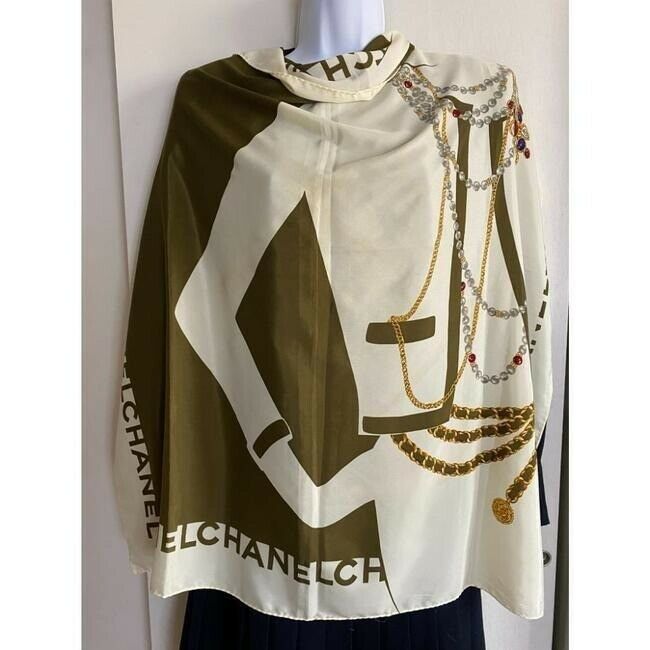 CHANEL Vintage Silk Ivory Scarf W/ iconic Chanel Lady design