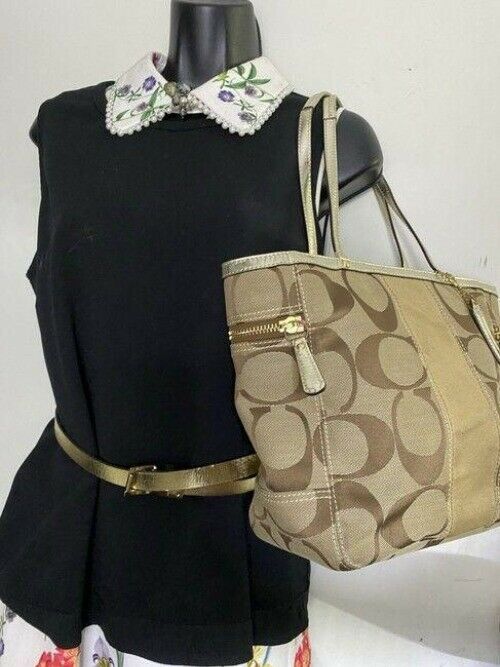 coach large brown silver tan fabric shoulder bag