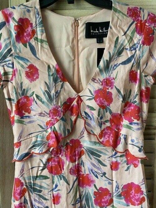 Nicole Miller red beige print linen msrp small short formal dress