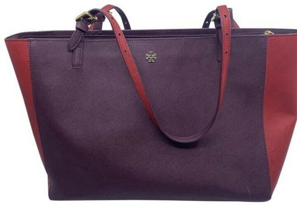 Tory Burch Emerson Buckle Laptop Burgunday Saffiano Leather Shoulder Bag