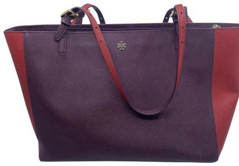 Tory Burch Emerson Buckle Laptop Burgunday Saffiano Leather Shoulder Bag