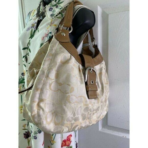 COACH Large White Tan Jacquard Fabric Tote Bag