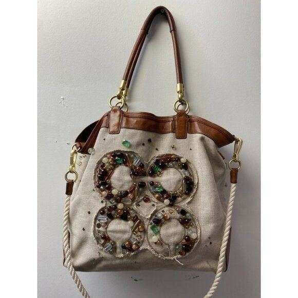 COACH Large Tan Brown Jacquard Fabric Tote Bag