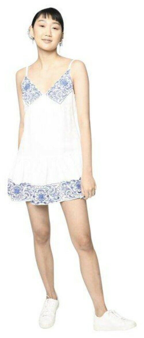nicole miller white blue w linen w embroidery msrp small short casual dress