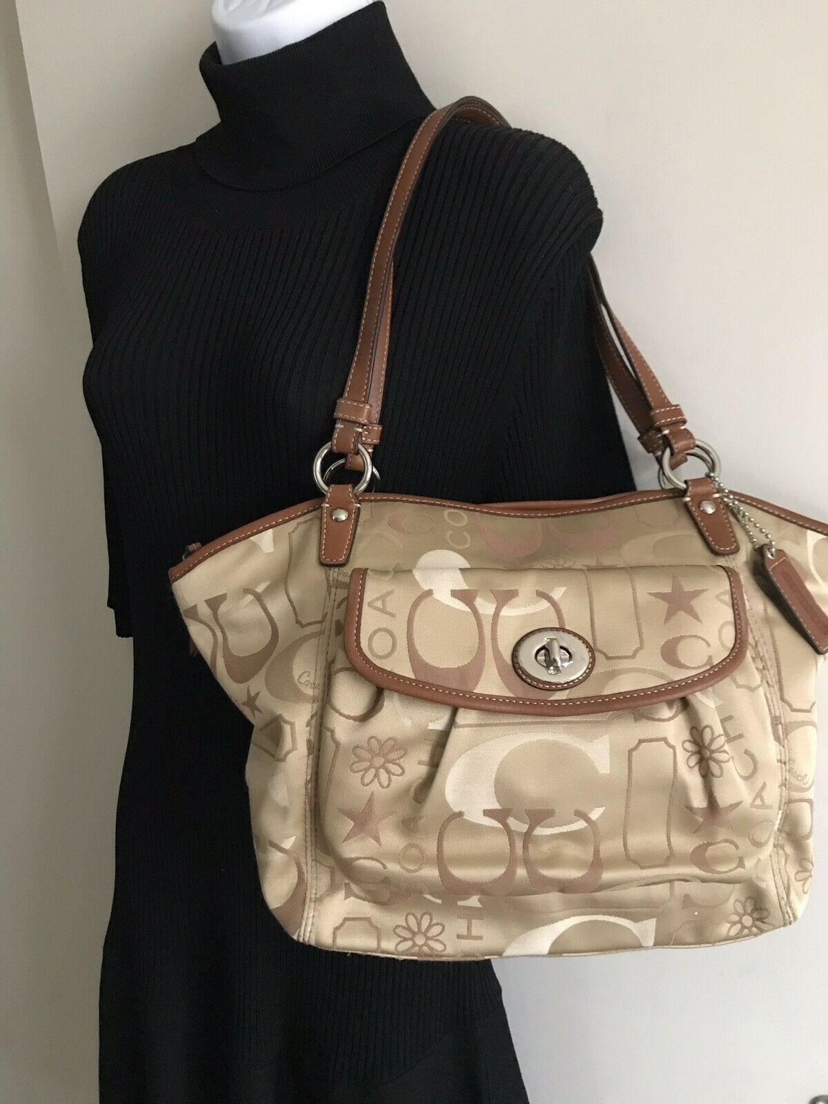 COACH Khaki Medium/Large Satin Monogram Tote