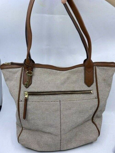 Fossil Tote Brown White Nylon Fabric Shoulder Bag