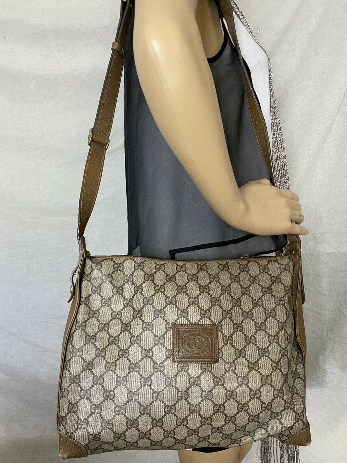 GUCCI Vintage Brown Coated Canvas/ Leather Shoulder Bag