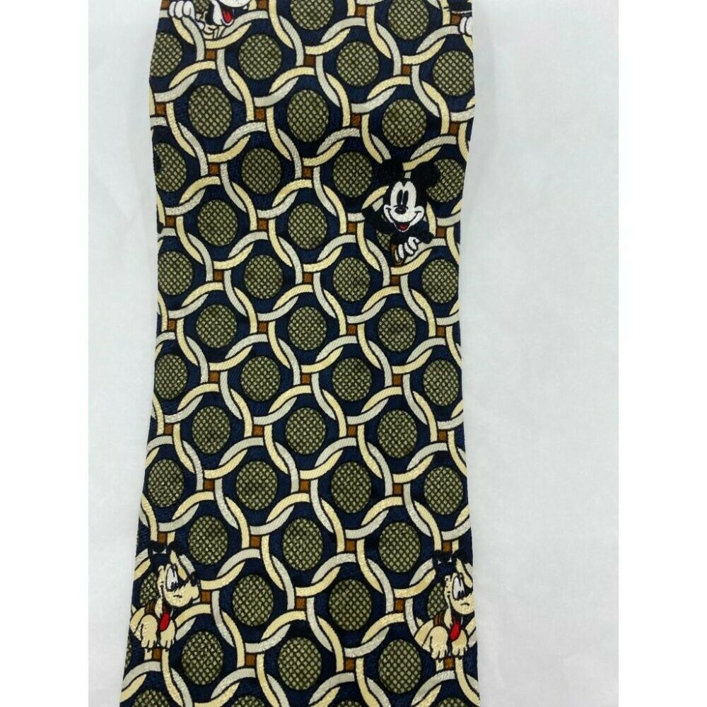 MICKEY MOUSE Disney Neck Tie Black Green Cream Hand Made 100% Silk