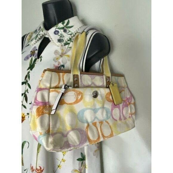 Coach Women's White Yellow Medium Fabric Tote Bag