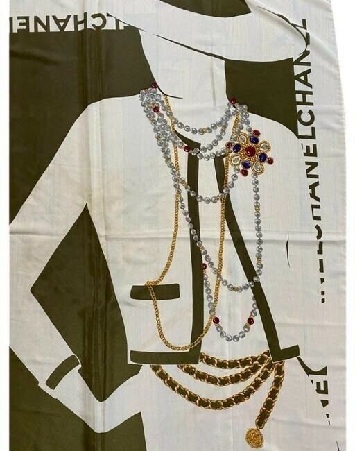 CHANEL Vintage Silk Ivory Scarf W/ iconic Chanel Lady design