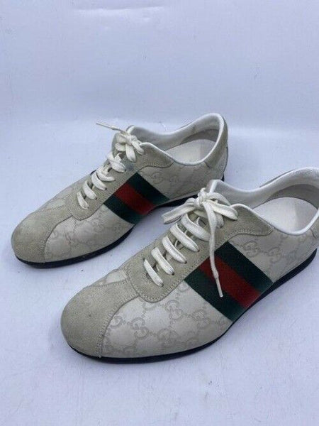 Gucci White Leather Gg Lace Up Redgreen Stripe White Sneakers Size Us