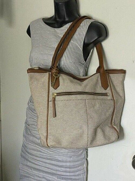 Fossil Tote Brown White Nylon Fabric Shoulder Bag