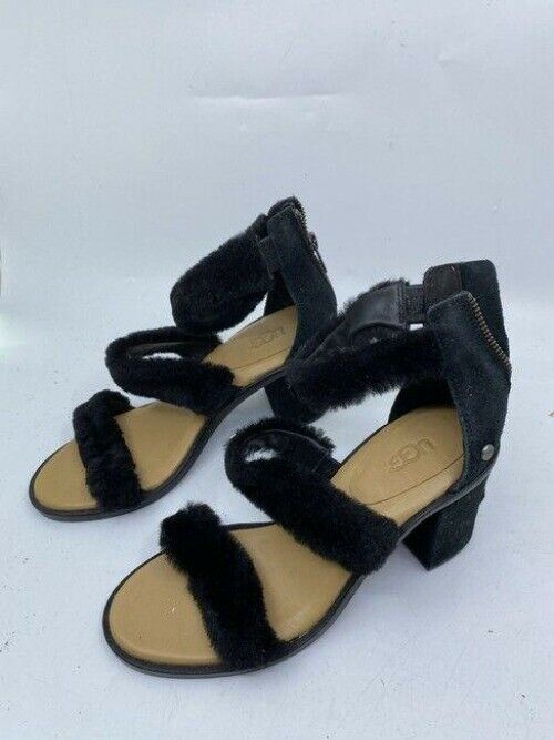 ugg australia black tan heeled fuzzy zip up sandals size us