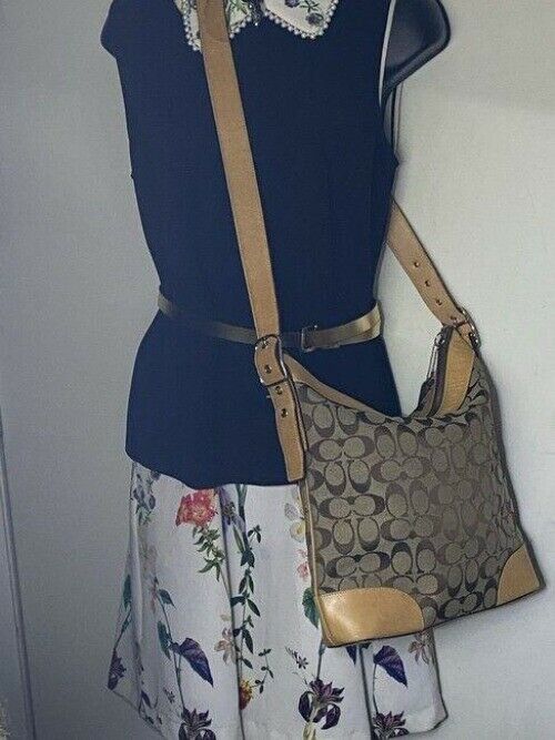 coach medium size tan brown jacquard fabric cross body bag