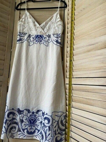 nicole miller white blue w linen w embroidery msrp small short casual dress